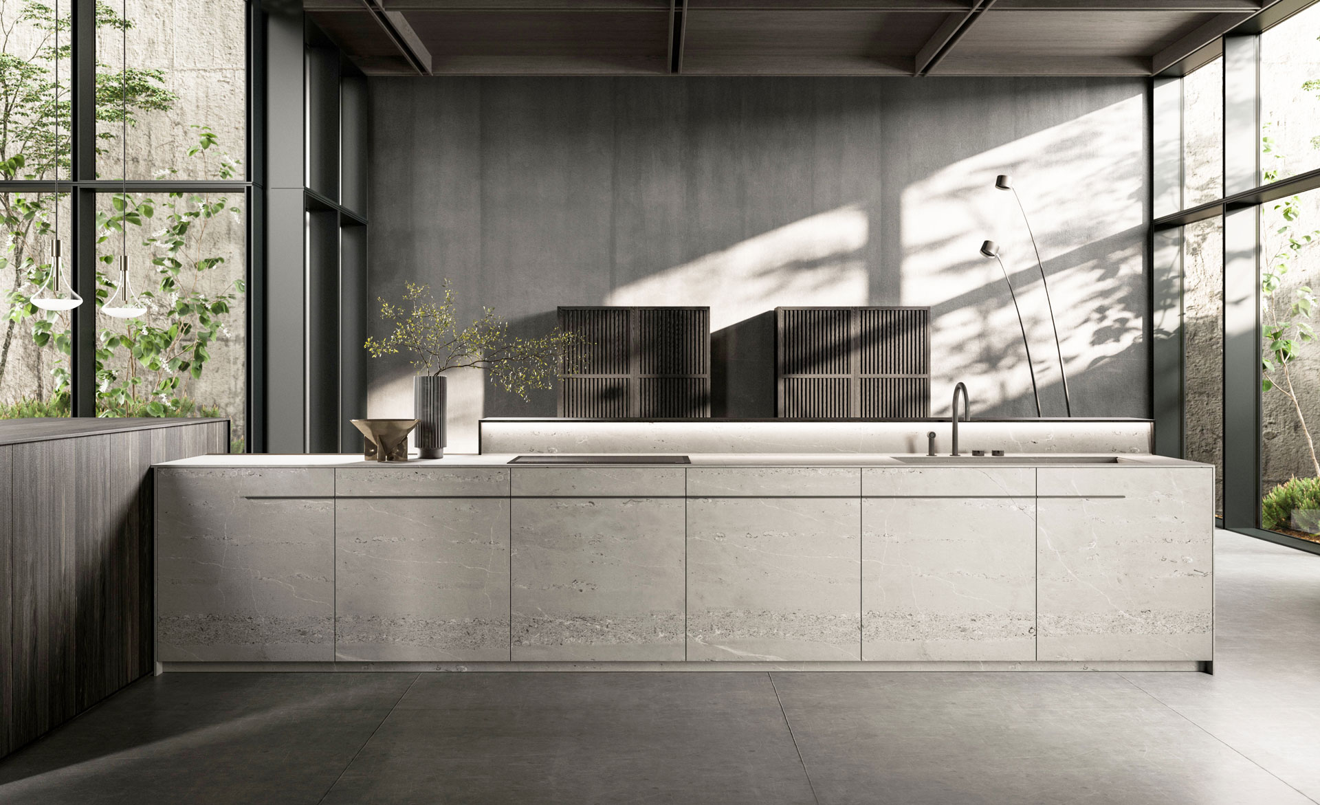 Rovere Terra (legno millenario) - Top e ante in Marmo Clauzetto