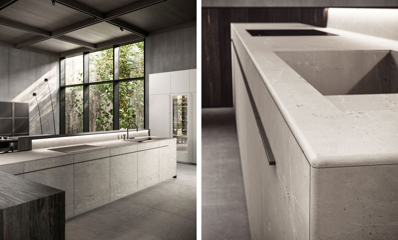 Rovere Terra (legno millenario) - Top e ante in Marmo Clauzetto